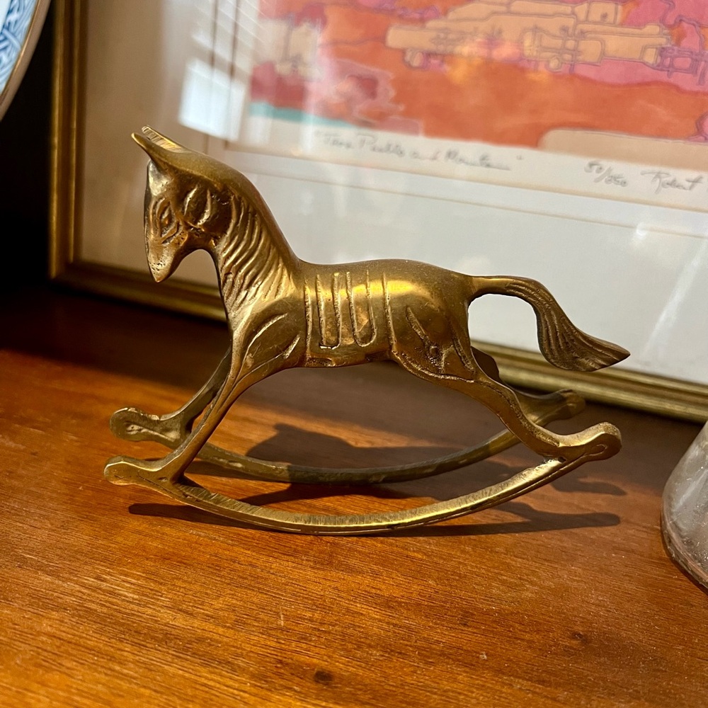 Vintage Brass Rocking Horse Figurine for Nursery